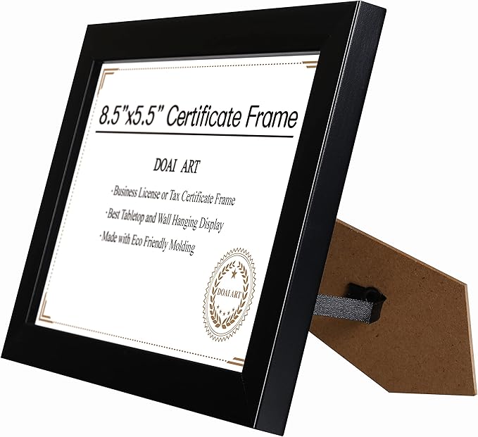 DOAI ART 8.5 x 5.5 Business License Frame Black, Professionals 5.5 x 8.5 Certificate Frames Fit Diploma, Document and Tax Certificate Self Standing with Wall Hangers