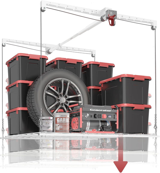 Overhead Garage Storage Rack, Adjustable Heavy-duty 4x4 Ft Ceiling Storage Racks with Safety Lock, Ideal for Garage Storage Lifting Organization System, 250lbs Capacity, White