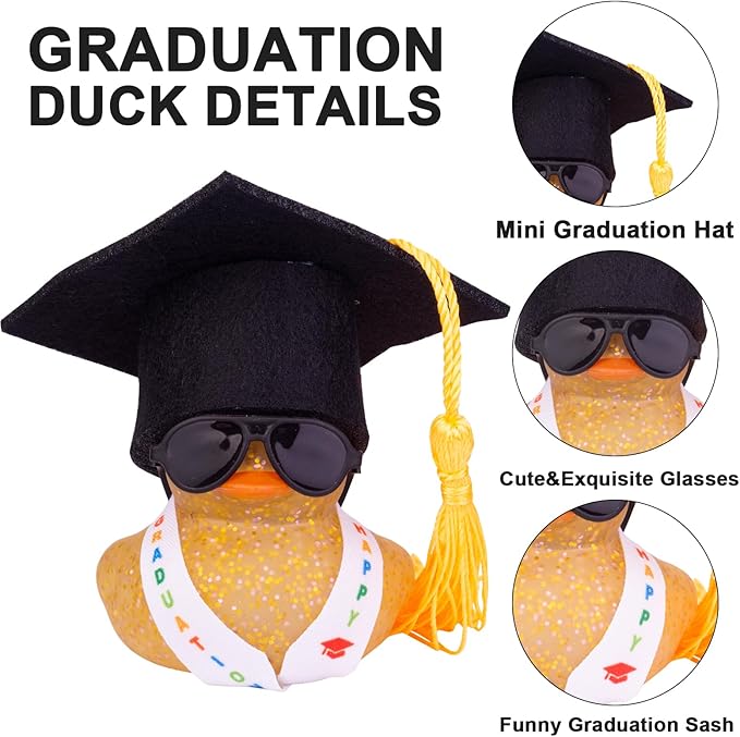 Graduation Rubber Duck Car Ornaments, Duck Car Dashboard Decorations for Graduation Gift with Mini Sunglasses Graduate Hat and Sash(G4)