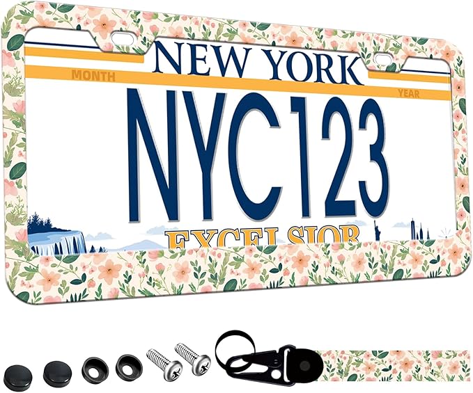 1-Pack Pink Floral License Plate Frames for Women Man, 2 Holes Pink Flower License Plate Holder, Floral and Green Foliage License Plate Cover fits US Vehicles with Keychain Wrist Lanyard