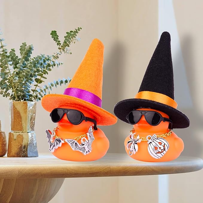 Car Rubber Duck Ornaments Halloween Duck Car Dashboard Decorations with Mini Witch Hat Sunglasses Necklace Halloween Accessories for Halloween Themed Gifts(W14)