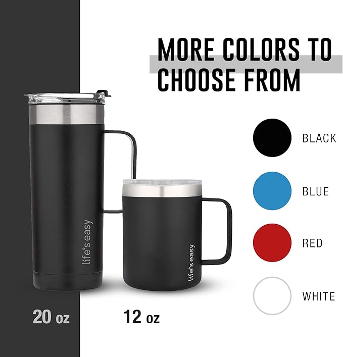 Life's Easy 12 oz Stainless Steel Mug w/Handle - Double Wall Insulated Travel Tumbler w/Flip Lid - Leak Proof Tumbler-Thermal Cup for Coffee, Tea & More - Keep Hot & Cold Drinks (Onyx, 12 oz)