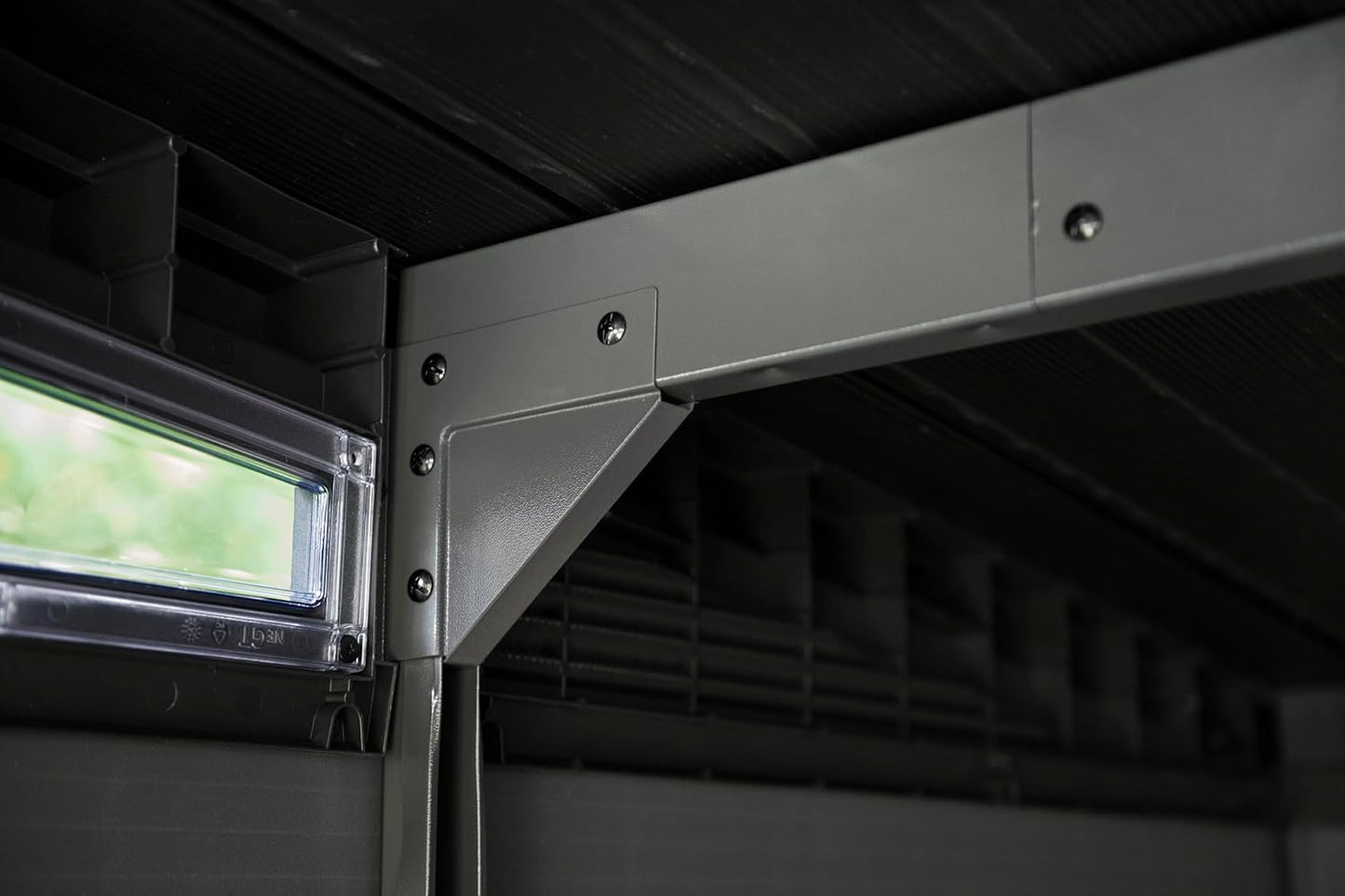 Keter Signature Collection 9x7 Ft All-Weather Storage Shed with Skylight, Window, Built-in Ventilation, Customizable Walls, & Lockable Double Doors, Walnut