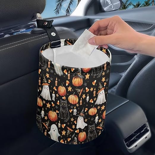 Halloween Ghost Black Cat Pumpkin Car Trash Bin Folding Vehicle Garbage Small Mini Front Back Seat Rubbish Basket with Strap Travel Garbage Organizer Bag Accessories, Keep Tidy