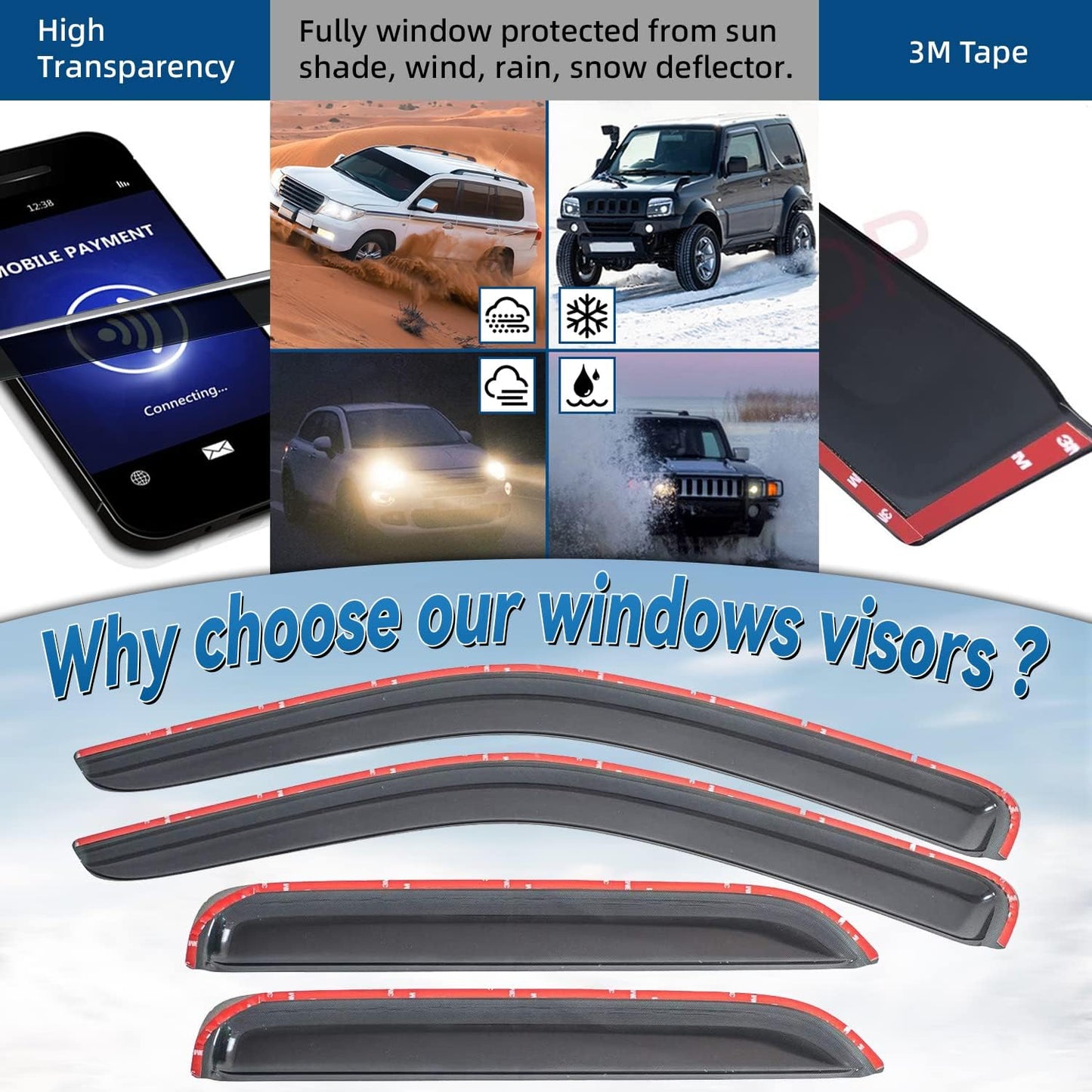 4pcs Front+Rear Smoke Sun/Rain Guard Outside Mount Tape-On Window Visors Compatible with 01-12 Escape 08-11 Tribute 05-11 Mercury Mariner