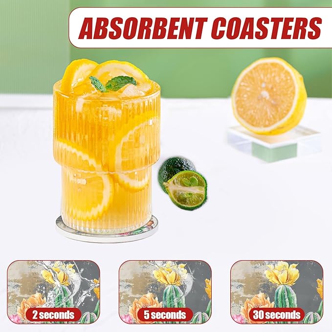 Tropical Cactus Car Coasters for Cup Holders, Plant Flower Absorbent Ceramic Car Coaster Car Cup Holder Coaster Car Accessories for Women Men (2 Pack)
