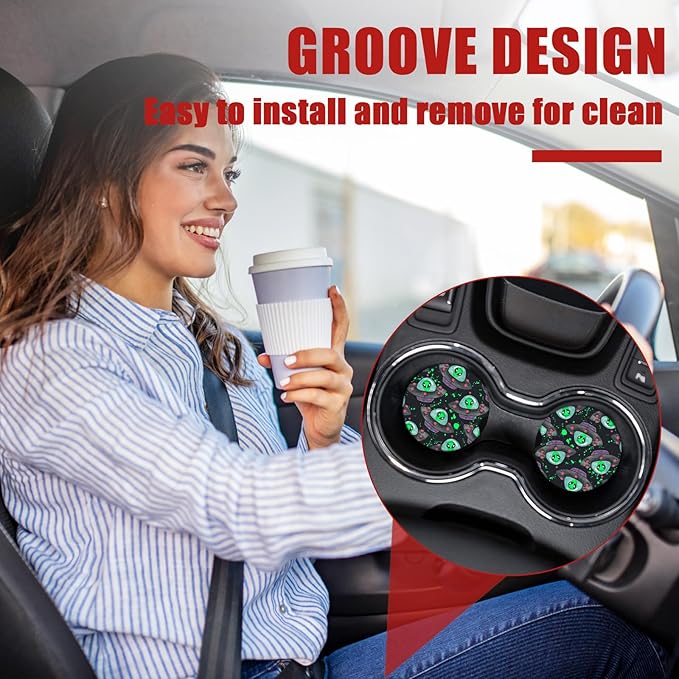 Alien Spaceship Car Coasters for Cup Holders, Absorbent Ceramic Car Coaster Car Cup Holder Coaster Car Accessories for Women Men (2 Pack)