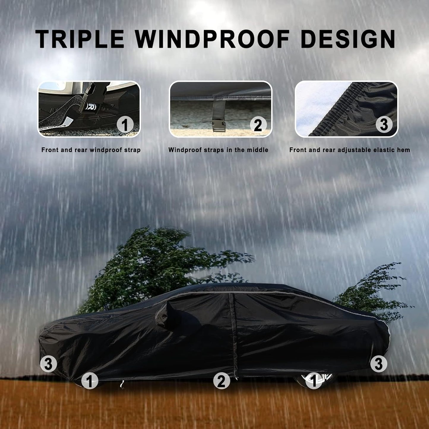 Tecoom Car Cover Waterproof All Weather, Car Covers for Automobiles w/Zipper Door, Cotton Backing Waterproof Hail Car Cover, Snowproof Sun UV Protection Windproof, Universal Fit for Sedan (170"-190")