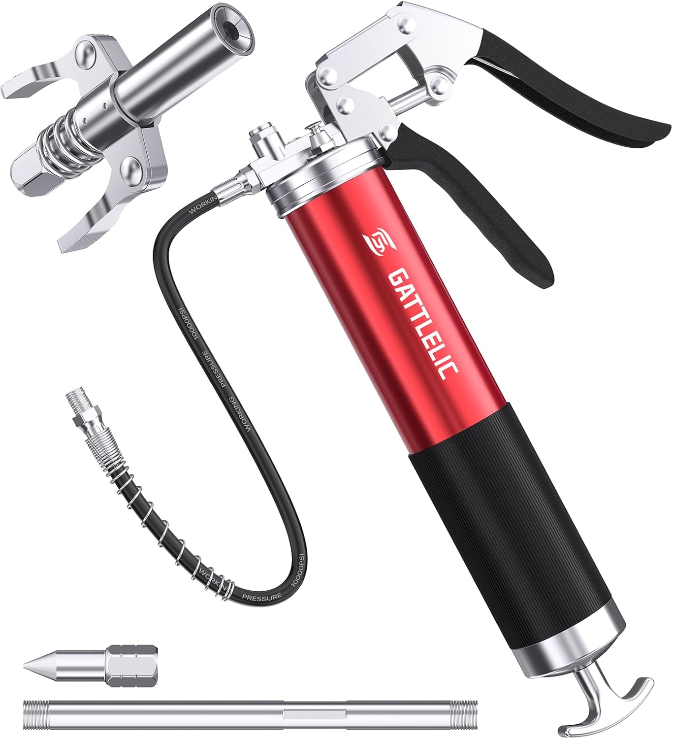 8000 PSI Heavy Duty Grease Gun Kit - 14oz with Flex Hose, Sharp Nozzle, Extension Pipe & Coupler, Red