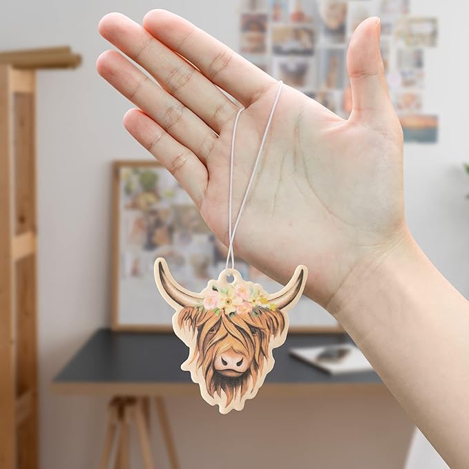 ANGOLIO 4Pcs Highland Cow Air Freshener Car Hanging Gifts for Women Funny Highland Cow Print Car Accessories Hanging Ornament Vent Decoration Aromatic for Party Supplies