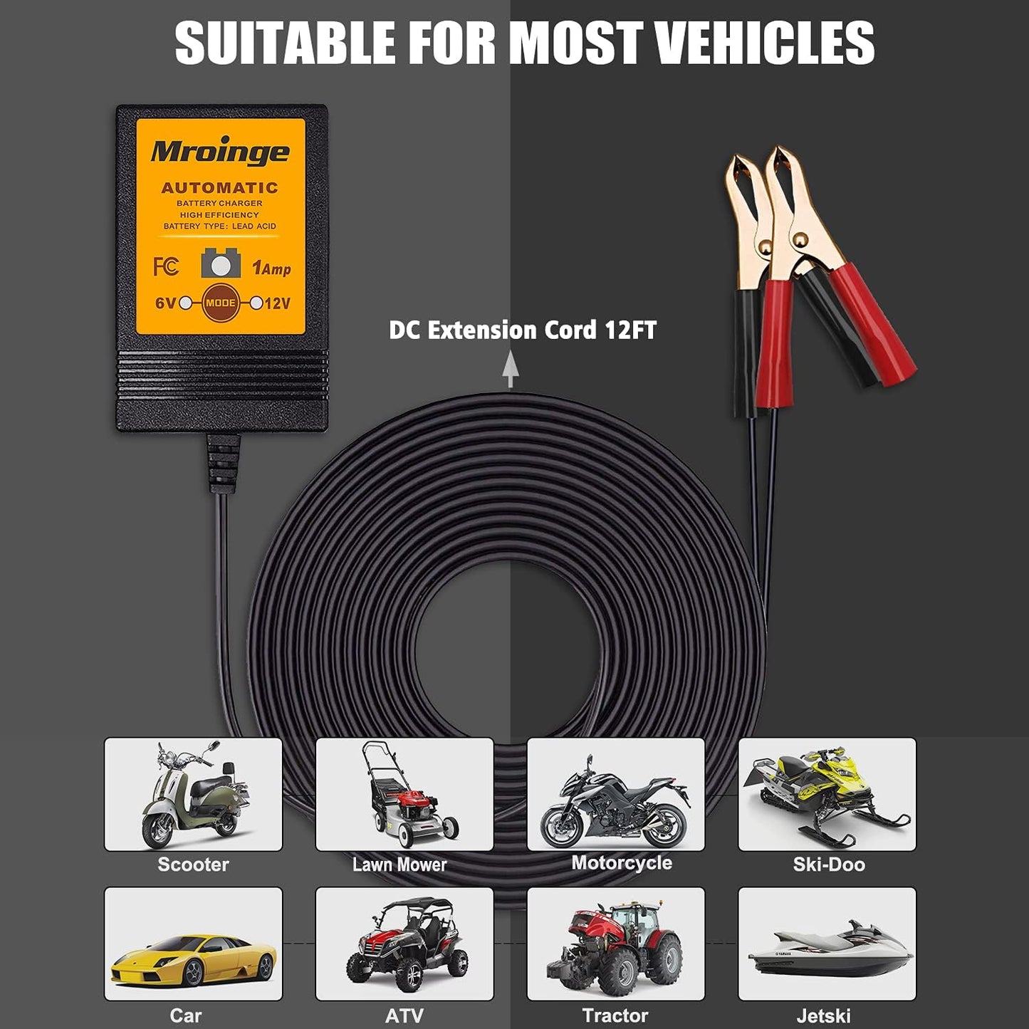 MBC016, 6V / 12V 1A Fully Automatic Trickle Battery Charger/Maintainer for Automotive Vehicle Motorcycle Lawn Mower ATV RV Powersport Boat, Sealed Deep-Cycle AGM Gel Cell Lead Acid Batteries