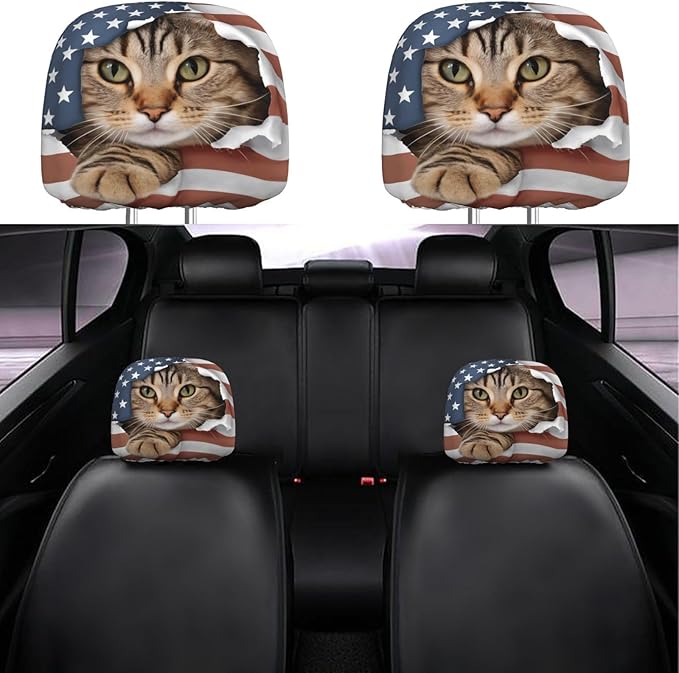 Dujiea 2 Pack American Flag Cat Car Headrest Covers, Universal Soft Car Seat Head Rest Cover Protector, Vehicle Accessories Fabric Headrest Cover for Cars Vans Trucks