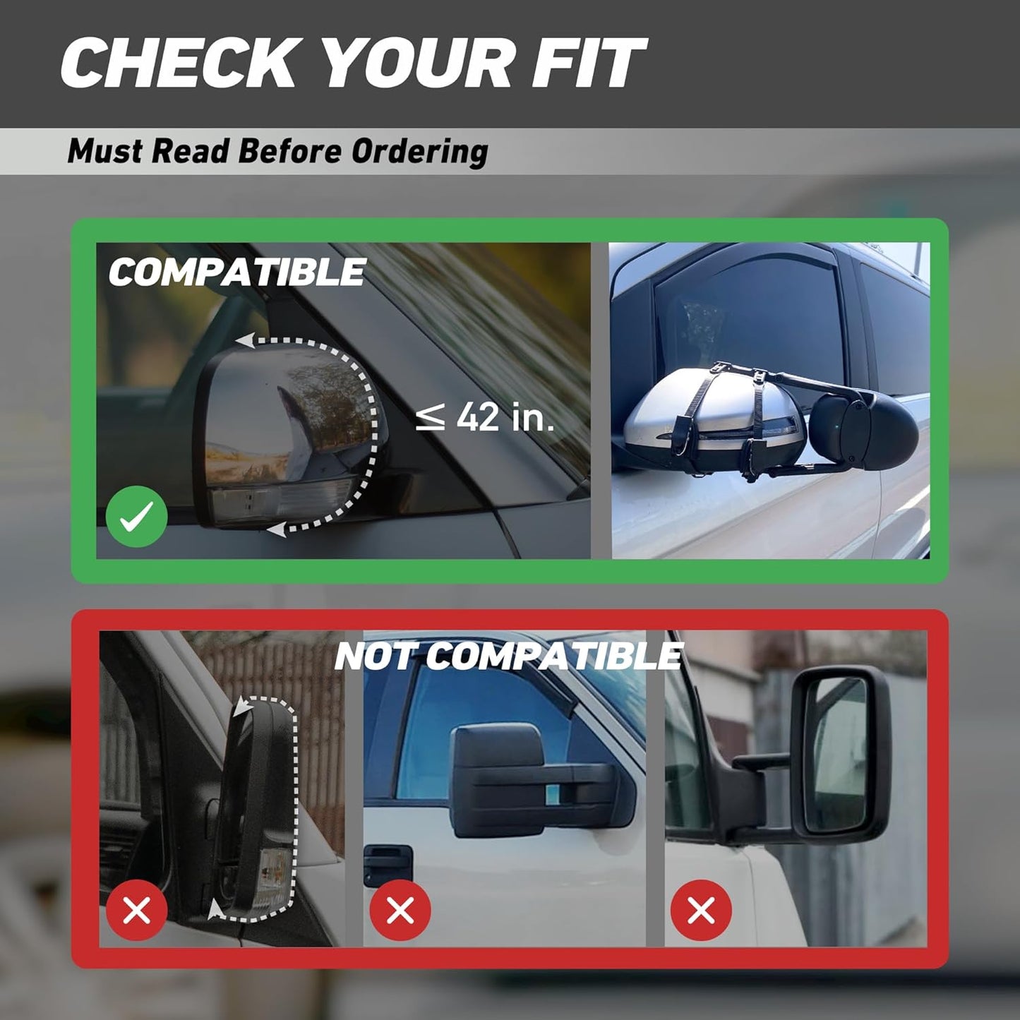 Extended Towing Mirrors, Universal Clip-On Side Mirror Extensions for Pickups, RVs, and Trailers, Tow Mirrors with Extenders (Model MG94)