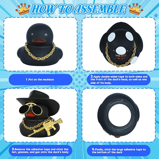BOZILY Cool Black Cowboy Rubber Duck with Golden Gun Accessories, Car Dashboard Decor, Adult Novelty Gift, Home Favors, Stress Relief Decor