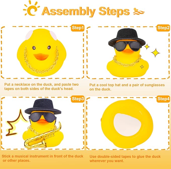 Car Rubber Duck Ornaments Yellow Duck Car Dashboard Decorations with Mini Top Hat Guitar Sunglasses Necklace(G3)