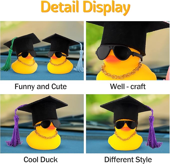 wonuu Car Dashboard Decor Graduation Hat Rubber Duck, Car Ducks Ornaments with Mini Hat Necklace Sunglasses Scarf (Purple)