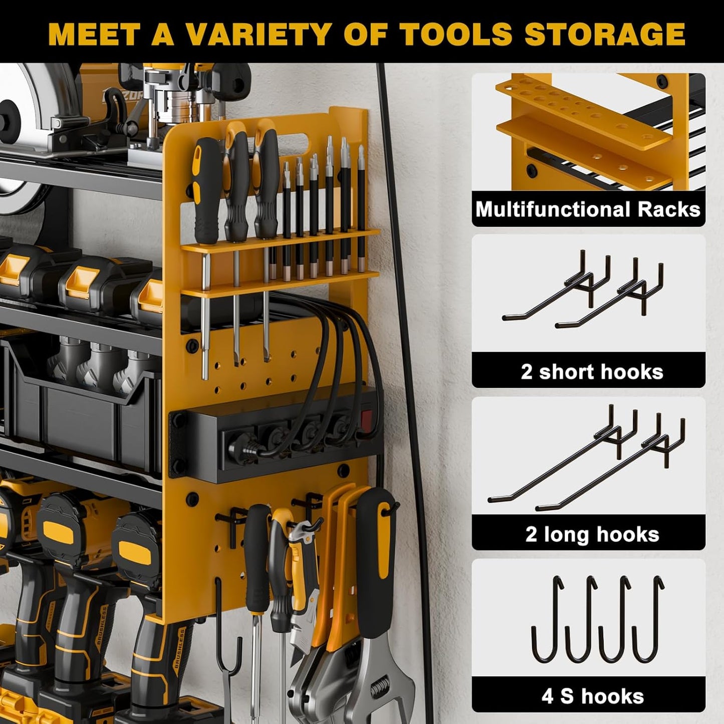12 Cordless Drill Holder Large Power Tool Organizer Wall Mount with Side Pegboard & Screwdriver Holder, 4-Tier Heavy Duty Metal Tool Storage Rack with 4-Outlet Power Strip