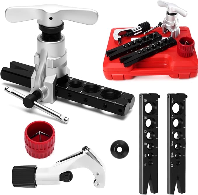 Flaring Tool Kit, HVAC Pipe Expander Tool, 1/4'' - 3/4'' and 6-19mm 45° Eccentric Single Flare Tool with Tubing Cutter and Cylinder Style Deburring Tool for Copper Tube Expander