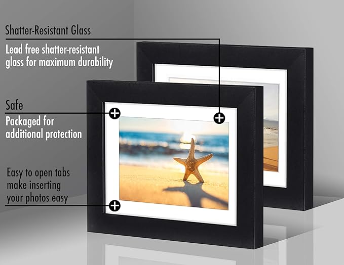 Americanflat 5x7 Picture Frame in Black Set of 2 - Displays 4x6 With Mat and 5x7 Without Mat - Composite Wood with Shatter Resistant Glass - Horizontal and Vertical Formats for Wall and Tabletop