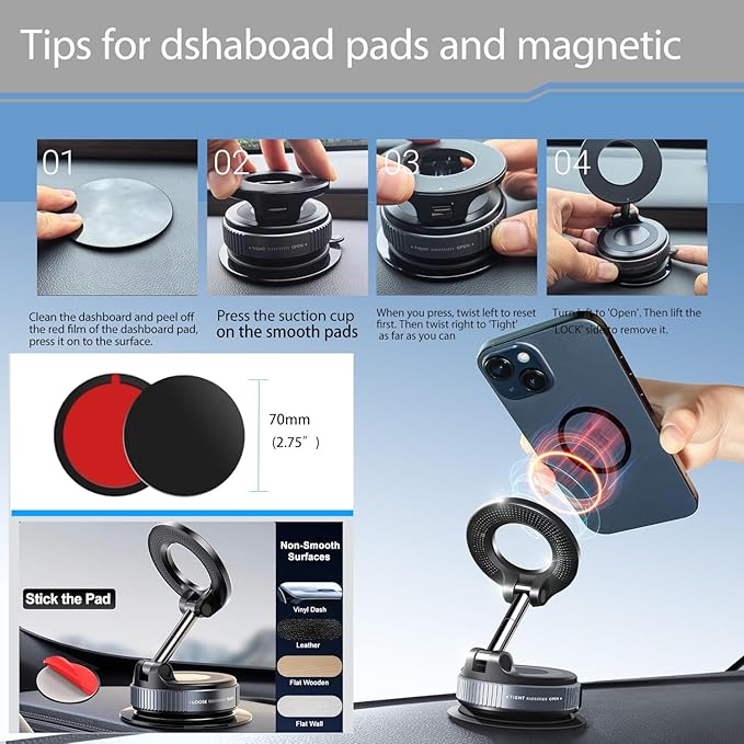 Vacuum Suction Magnetic Phone Holder, 2025 Upgraded Vacuum Suction Cup Mount for Magsafe, 360° Adjustable Foldable Portable Magnetic Car Phone Stand for Cars/Gyms/Mirrors/Smooth Surface (Black)