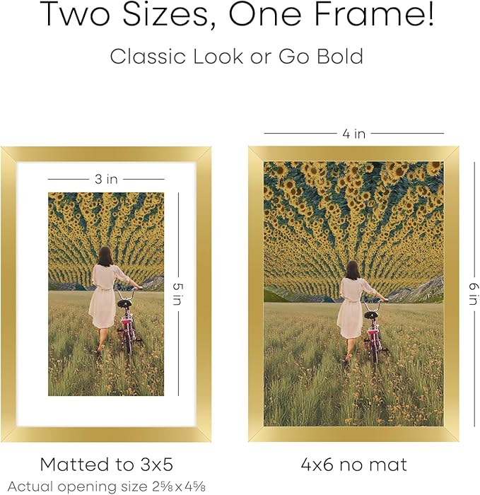Homeforia 4x6 Picture Frame Gold, High End Metal 4 x 6 Gold Frames with Mat 3 x 5 for Print, 4by6 Desk Frame Matted to 3x5 inch Photo, 4 by 6 Wall or Tabletop Frame, Tempered Glass, Wall Kit, Set of 3