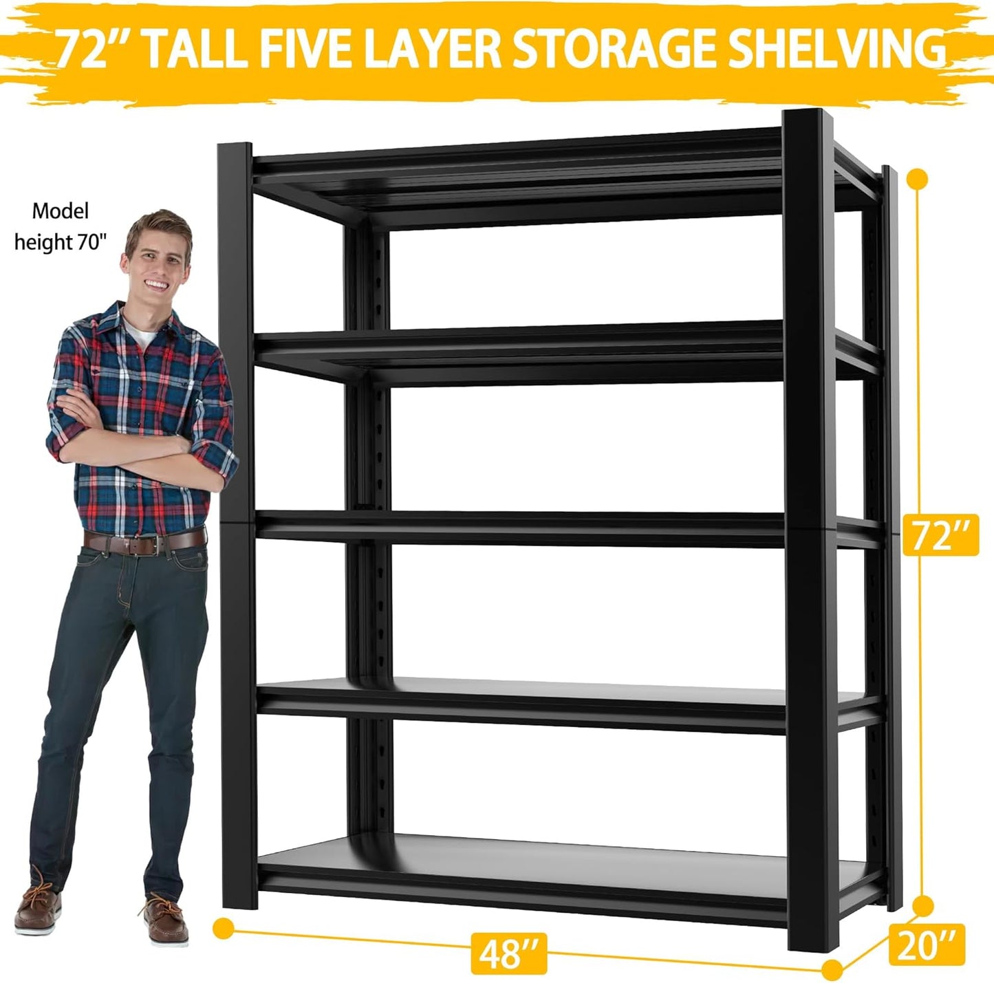 3020LBS Standing Shelf Units 72" H x 48″W x 20" D,Heavy Duty Garage Shelving Units and Storage, 5-Tier Metal Shelves, Storage Rack for Garage Organization, Basement, Workshop, 1Pack
