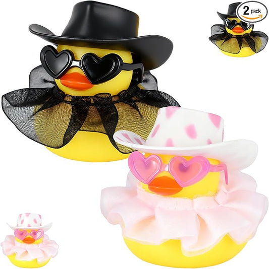 2 Pcs Cowboy Rubber Ducks for Car Dashboard Decorations, Pink Polka Dot & Black Cowgirl Duck with Hat, Glasses and Tulle Skirt, DIY Car Duck Accessories, Squeaky Stress Relief Toy Gift