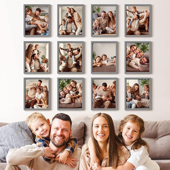 Renditions Gallery Set of 12, 8X10 Custom Photo Prints with Real Wood Picture Frames. Create Personalized Photos with Peel & Stick Photo Frames. Gray Frame
