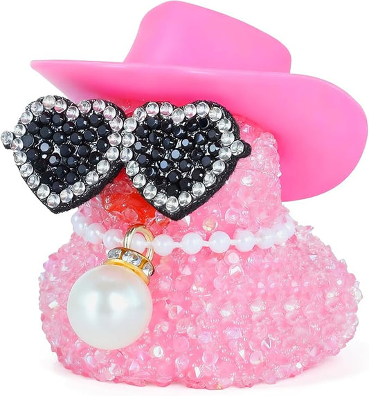 BOZILY Pink Diamond Rubber Duck Car Dashboard Decor with Cowboy Hat, Heart Sunglasses, Pearl Necklace, Squeaky Rubber Duck Ornament for Cool Car Accessories, Office and Home Decor
