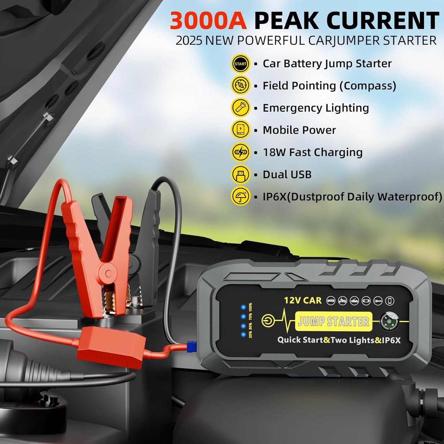 2025 Upgraded for A5 Car Jump Starter 3000A,Jump Starter Battery Pack for Up to 9.0L Gas and 7.0L Diesel Engines,12V Portable Jump Box with 4 Modes Flashlight and Jumper Cable-3year Limited