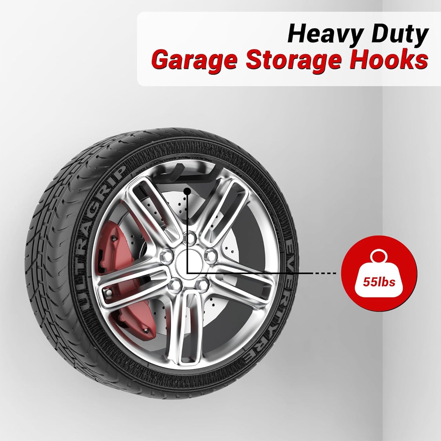 Ultrawall Garage Storage Hooks, Heavy Duty Steel Tool Organizer, 12.4 Inch Wall Mount Hangers Racks for Car Tires, Ladders, Chairs, Ropes and Garden Tools, 2 Pack