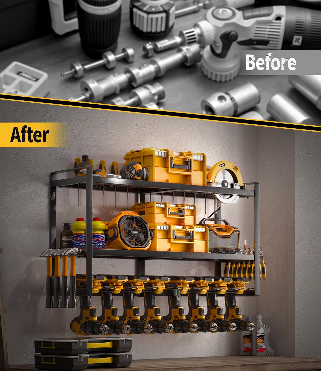 SOYEEZE Power Tool Organizer & Storage Wall Mount - Heavy Duty Metal 8 Drill Holder, 3 Layer Premium Garage Utility Power Tool Rack &Tool Shelf，Great as Gifts for Men Father's Day-Large-Black