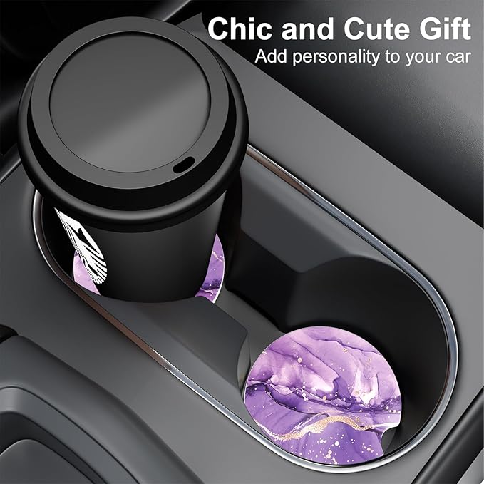 Car Cup Holder Coaster, Car Coasters for Cup Holders, 4 Pack Universal Anti Slip Insert Absorbent Ceramic Auto Interior Accessories with A Finger Notch & Cork Base, Purple Marble