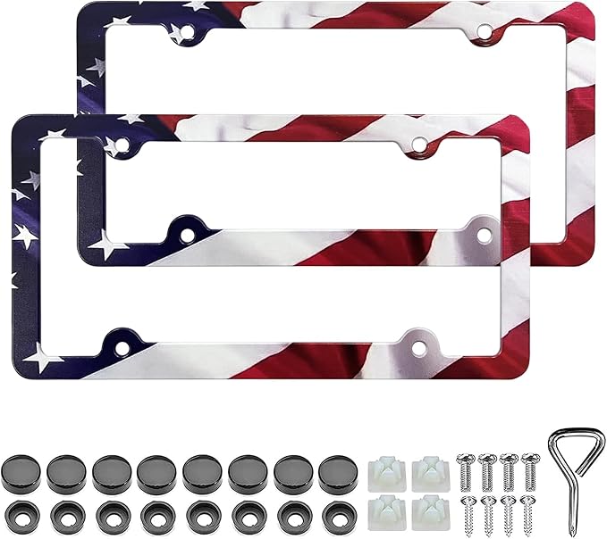 LIN KANG American Flag License Plate Frame Holder - 2 Pack Patriotic Universal Aluminum Matte Stripe US Flag Gloss Car Plate Frame Covers Accessory with 4 Holes and Screws Fasteners Caps