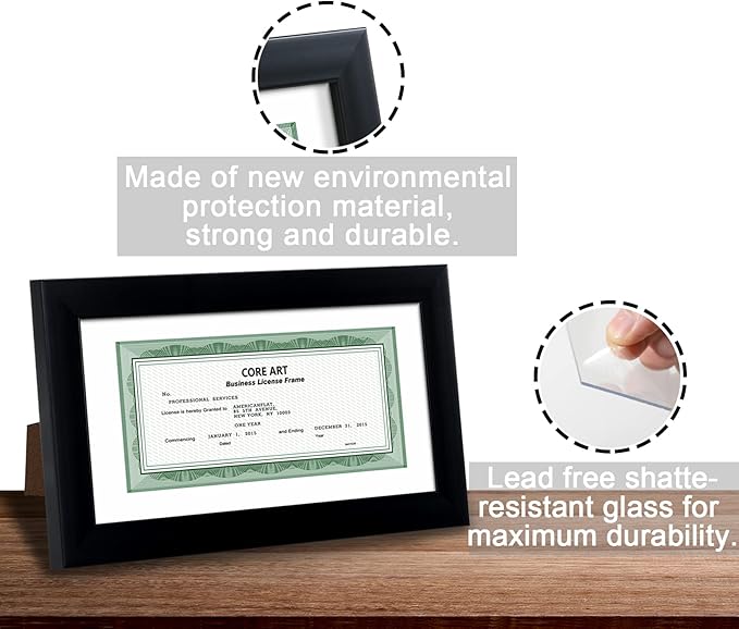 CORE ART 5x10 Business License Frame in Black, Professional Bank Check Frame 3.5x8 with Mat, High Definition Plexiglass, Wall or Tabletop Display(Set of 2)