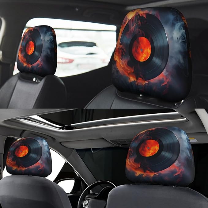 Dujiea 2 Pack Fire Record Music Lover Car Headrest Covers, Universal Soft Car Seat Head Rest Cover Protector, Vehicle Accessories Fabric Headrest Cover for Cars Vans Trucks