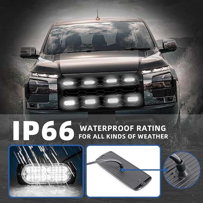 8pcs Sync Feature Emergency Strobe Grille Lights LED Ultra Slim Surface Mount Flashing Hazard Warning Light Bar with Controller for Firefighter/Construction/Trucks/Vehicles/Car (White)