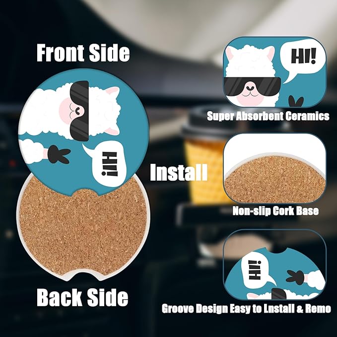 Car Cup Holder Coaster - Funny Sup Llama Absorbent Ceramic Coaster 2 Pack, Car Coasters for Cup Holders, Fashion Car Interior Accessories Drink Coaster for Women & Men