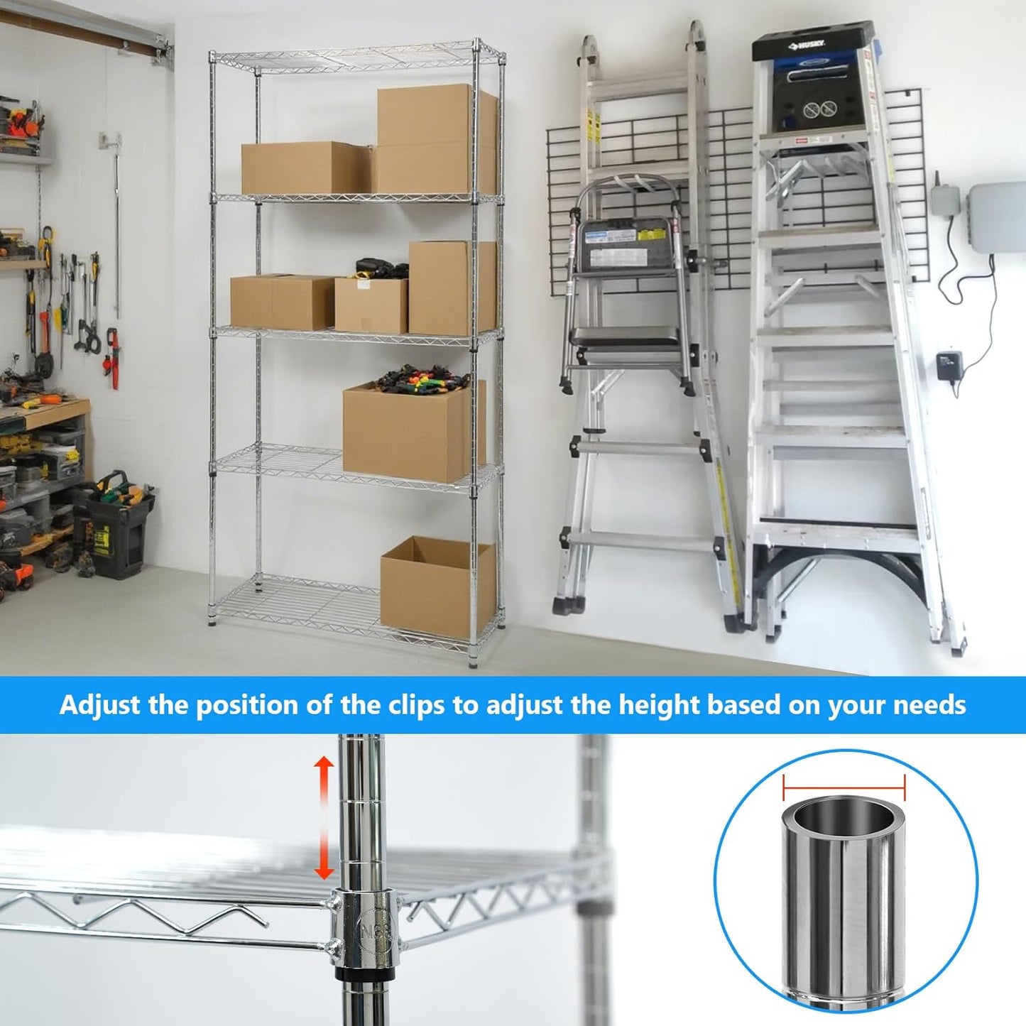 Heavy-Duty Chrome Steel Wire Shelving NSF Certified. Adjustable Storage Rack for Kitchen,Garage,and Laundry Utility Room (Chrome-5Tiers-36x14x72)