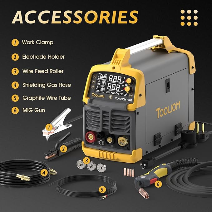 TOOLIOM Aluminum MIG Welder with Pulse 250A 110V/220V Dual Voltage 8 in 1 Multifunctional Welding Machine Pulsed MIG/MIG/Gas MIG/Flux Core/Spool Gun MIG/Lift TIG/Stick