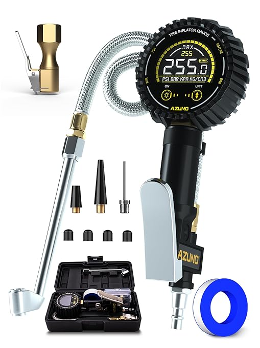 AZUNO Tire Pressure Gauge, 255PSI Digital Tire Inflator Gauge Air Chuck Air Compressor Attachments, with Steel Braided Hose, Quick Connect Coupler&Carrying Case, for Truck/Car/SUV/RV/Bike