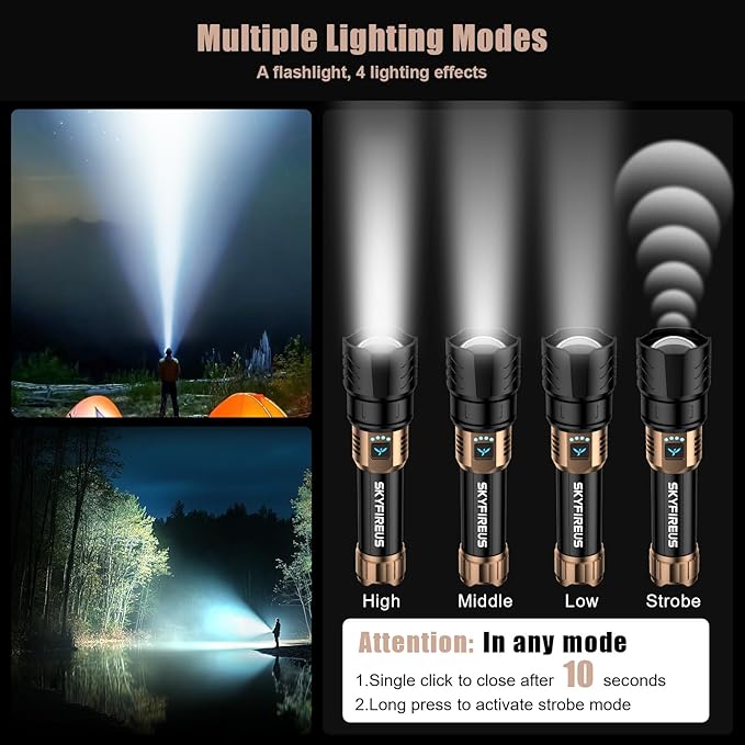 SKYFIRE Rechargeable Flashlight High Lumens,Super Bright Flashlight,Zoomable,Four Modes,Waterproof LED Flash Light for Camping Essentials,Outdoor and Home Emergencies-8000mAh