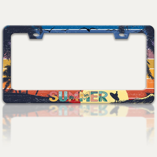 Summer Beach License Plate Frame Palm Trees License Plate Holders Funny Stainless Steel Auto Accessory Bracket 2 Hole with Screws Universal Us Car License Plate Frames 6x12 Inch for Women Men