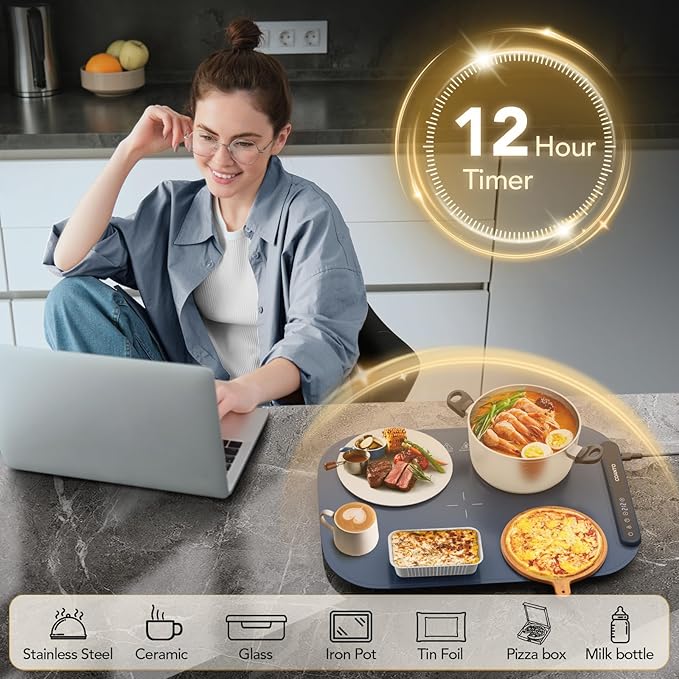 Coanto Food Warming Mat, Electric Warming Tray for Buffets & Parties, Silicone Heating Mat with 7 Temperature Settings, Roll-Up Storage, 17.91"x12.8", Blue