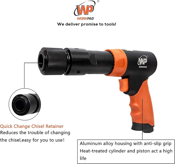 WORKPAD 190mm Long Barrel Air Hammer with Quick Change Chisel Retainer and 4-Piece Chisels Set, Pneumatic Tools