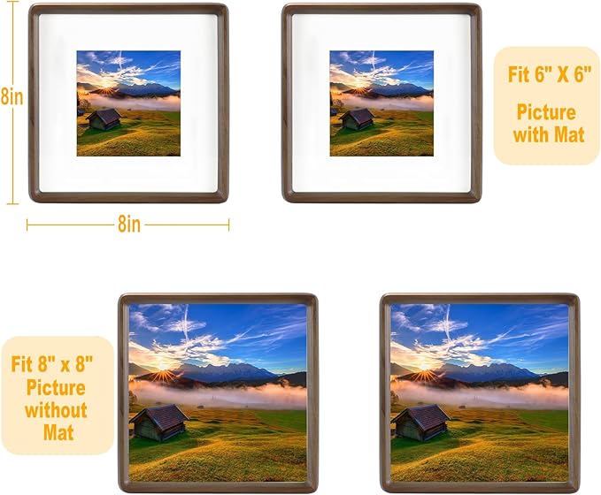 HELPLEX 8x8 Square Picture Frame – 2 Pack Solid Walnut Wood with Real Wood Back & HD Tempered Glass, 6x6 Matted or 8x8 Unmatted, Tabletop or Wall Display – Rustic Home Decor & Gift