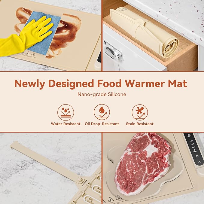 Food Warming Mat Electric Tray: Adjustable Silicone Heating Pad with 3 Temperature Settings 4 Timer Function Portable Roll Up Hot Plate for Buffets Party Gatherings Kitchen Warmer Countertop Holiday