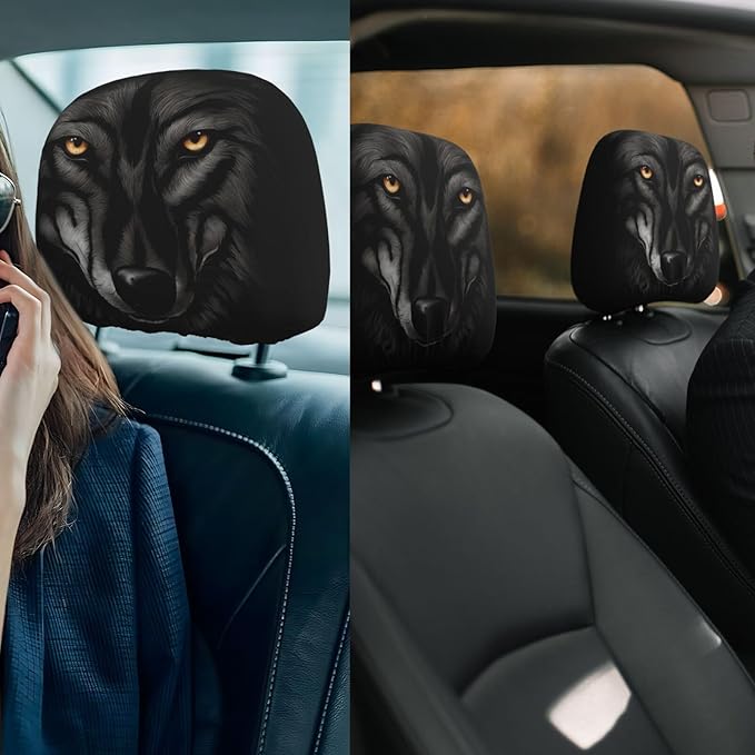 Dujiea 2 Pack Black Wolf Car Headrest Covers, Universal Soft Car Seat Head Rest Cover Protector, Vehicle Accessories Fabric Headrest Cover for Cars Vans Trucks