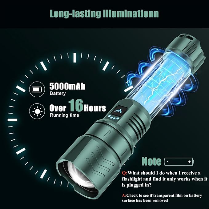 SKYFIRE LED Flashlight High Lumens,5000mAh Super Bright Rechargeable Flashlight,Zoomable,Four Modes,Waterproof Flash Light for Camping Essentials,Outdoor and Home Emergencies-Green