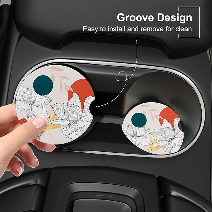 Car Cup Holder Coaster, Car Coasters for Cup Holders, 2 Pack Universal Anti Slip Insert Absorbent Ceramic Auto Interior Accessories with A Finger Notch & Cork Base, Lotus